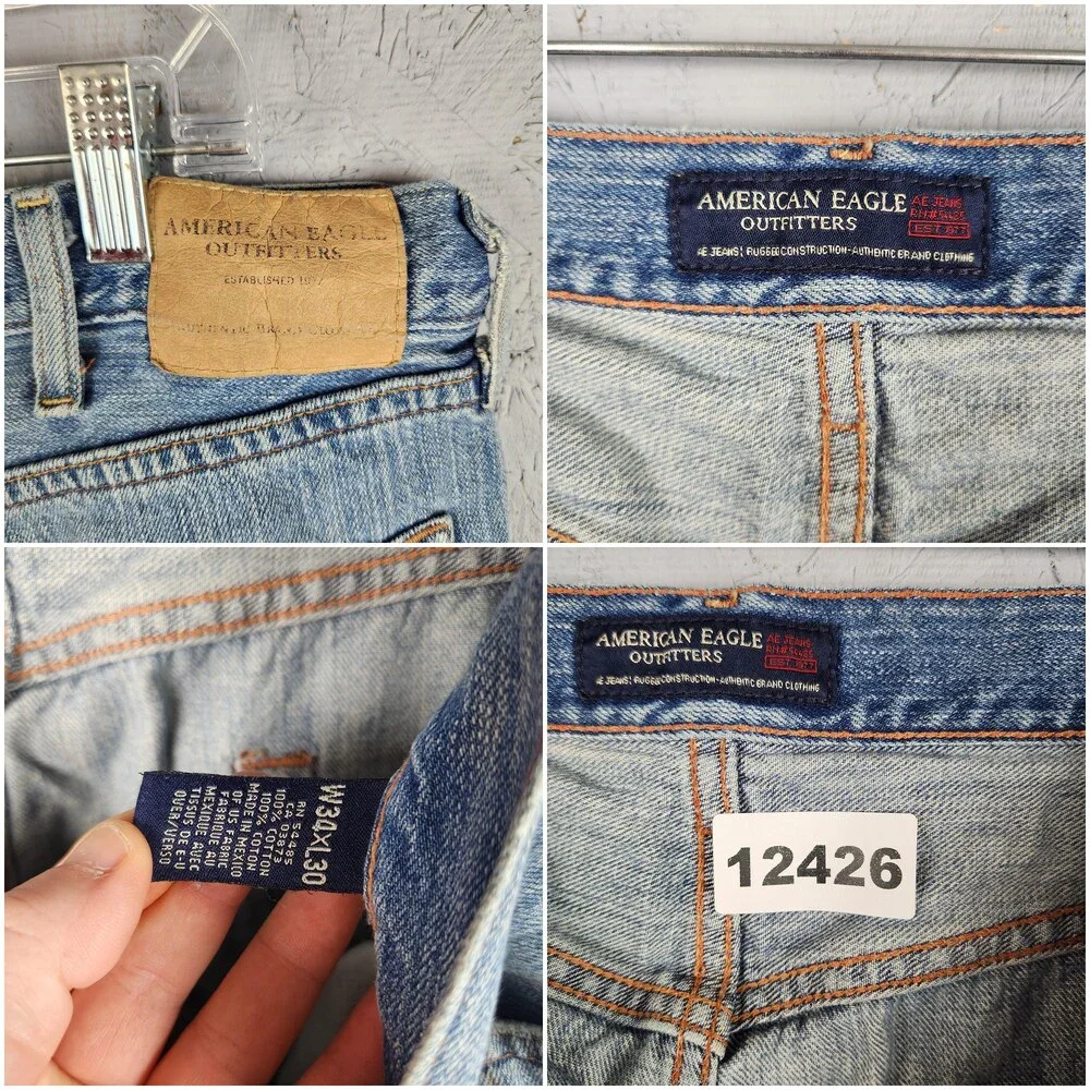 Vintage American Eagle Jeans Mens 34x30 Light Wash Blue Straight Leg Button Fly